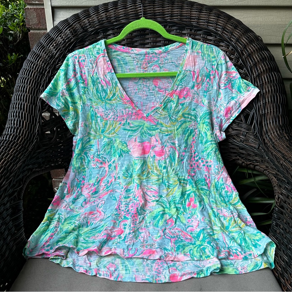 Lilly Pulitzer  Etta V-Neck Seasalt Blue on Parade L